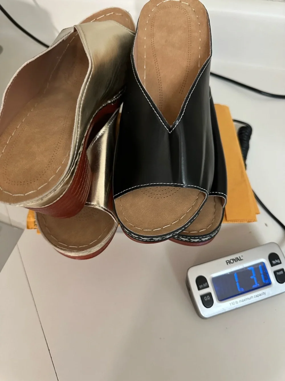 Unbranded Women’s Open-Toe Slide set of 2 sandals Black and Gold Wedge Mule Sz40 - Picture 14 of 17